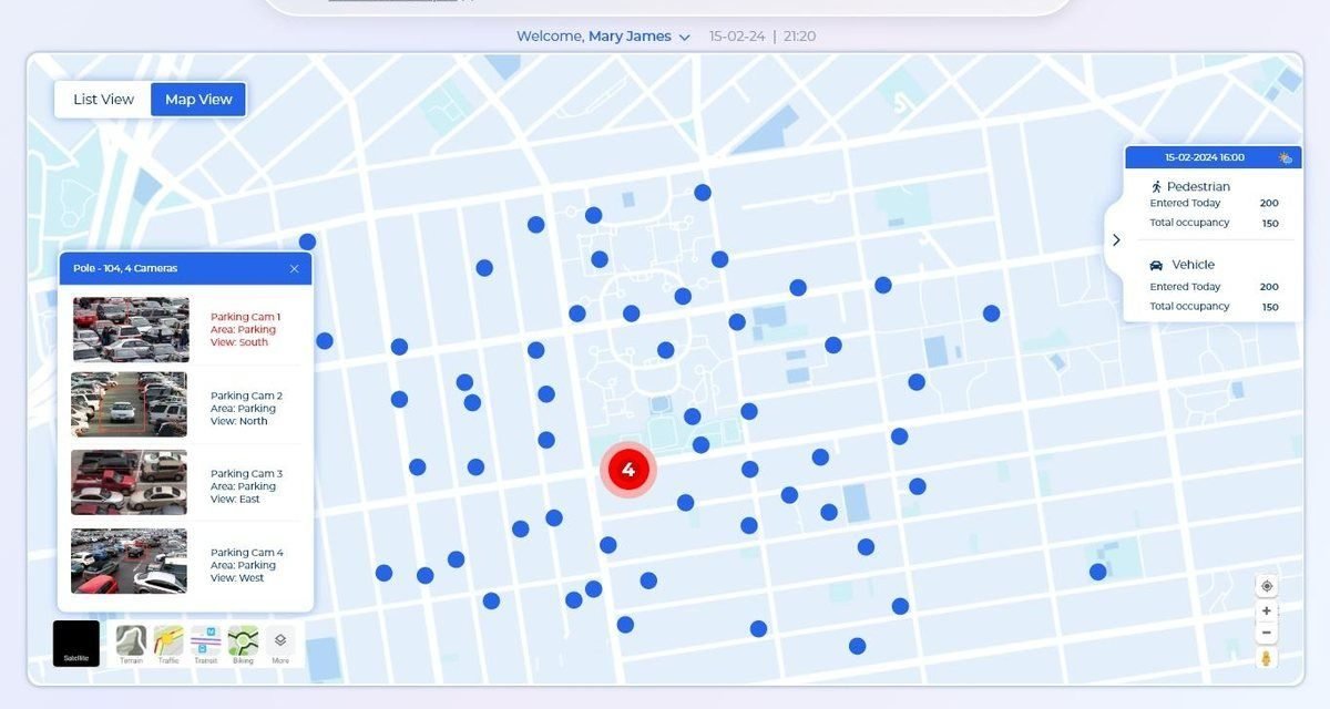 Camera coverage map with detections plotted across a site