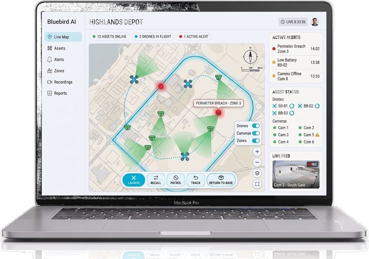 Surveillance console with assets, drones in flight and alerts over a live site map