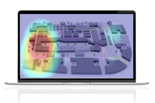 Footfall heatmap over a floor plan with path flows