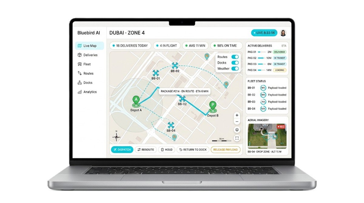 Drone logistics console with live deliveries, fleet payload state and aerial drop-zone imagery